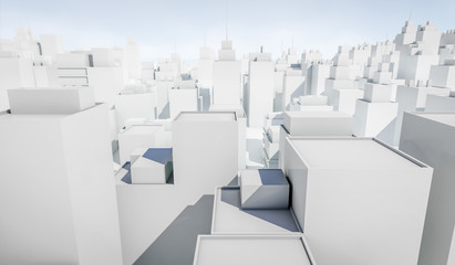 White cityscape with blue sky background. Many buildings. 3D Rendering Illustration.
