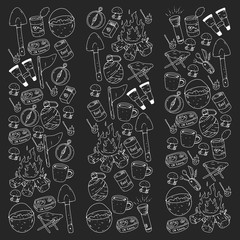 Camping, hiking, scouts. Vector set of doodle icons. Adventure at forest and nature with compass, tent, tincans. Blackboard chalk illustration.