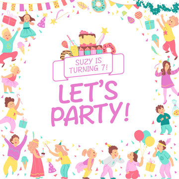Vector birthday party invitation design template with bd cake, garlands, candy, gifts, confetti, text congratulation & happy kid characters. Flat cartoon style. Party poster, card, banner illustration