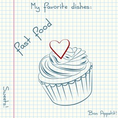 Vector of sketch fast food. Doodle food icon. Hand drawn illustrations on a sheet of exercise book. Blue pen drawing