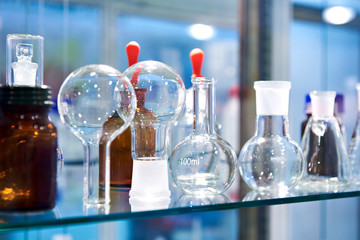 Glass flasks in chemical laboratory