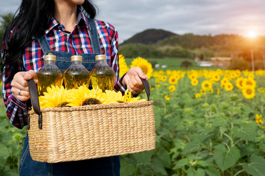 Girl in blue plaid shirt holding a basket with three bottles of sunflower oil - Image