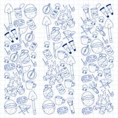 Camping, hiking, scouts. Vector set of doodle icons. Adventure at forest and nature with compass, tent, tincans. Pattern with ink pen elements.