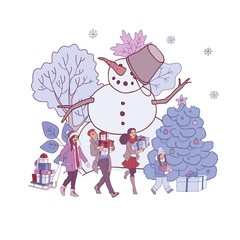 Obraz na płótnie Canvas Vector illustration of Christmas and New Year banner with hand drawn people with gift boxes near big snowman and decorated snowy trees isolated on white background for winter greeting or promotion.
