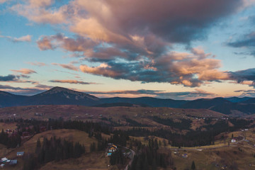 aerial view of carpathian mountains with overcast sky