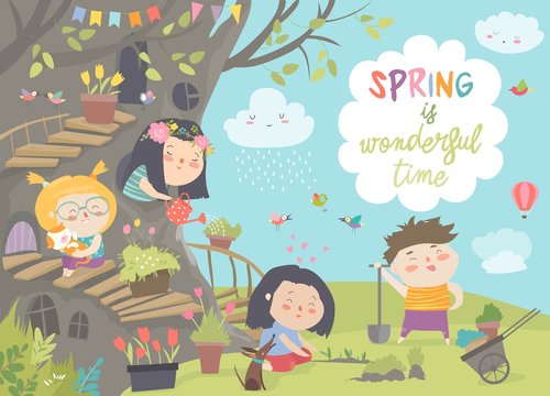 Cute cartoon kids are gardening in spring park