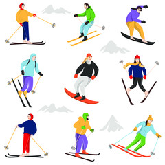 Set of adult people skiing and snowboarding in high mountains. Collection of men and women dressed in winter clothing. Winter outdoor activities. Group of male and female cartoon characters