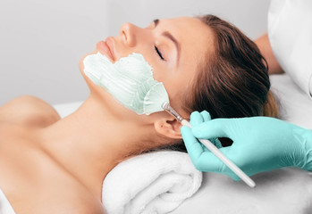 Beautician putting facial mask with algae extract to a woman