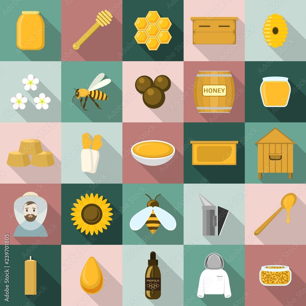 Poster propolis honey icon set. flat set of propolis honey vector icons for web design
