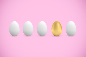 3d rendering of four white and one golden chicken eggs on pink background