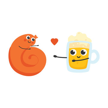 Vector illustration of twisted sausage and glass of beer cartoon characters stretching their arms to each other to embrace with love in flat style isolated on white background.
