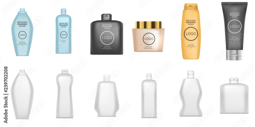 Poster shampoo icon set. realistic set of shampoo vector icons for web design isolated on white background
