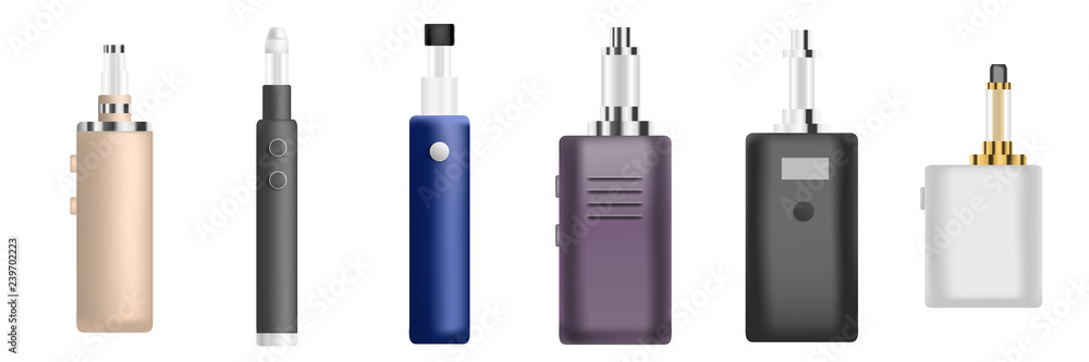Poster electronic cigarette icon set. realistic set of electronic cigarette vector icons for web design iso