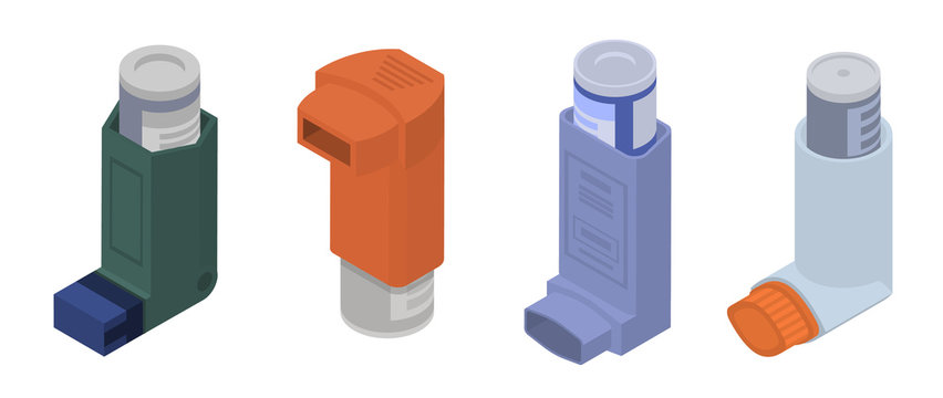 Inhaler icon set. Isometric set of inhaler vector icons for web design isolated on white background