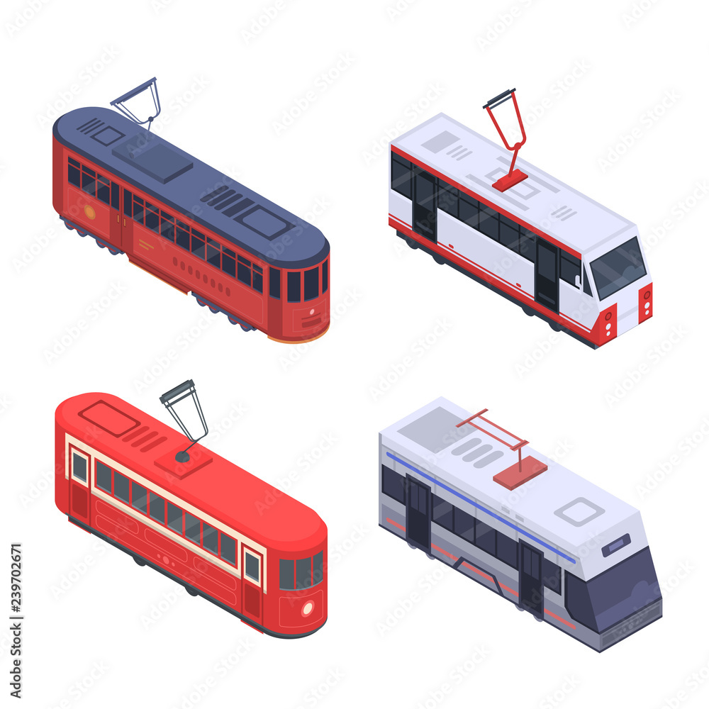 Poster tram car icon set. isometric set of tram car vector icons for web design isolated on white backgroun