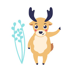 vector cute christmas reindeer pointing by index finger with abstract florals background. Funny winter character having fun. Merry christmas, xmas holiday design illustration