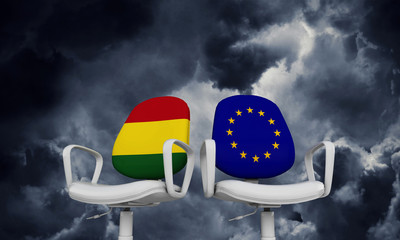 Bolivia and Europe business chairs. Internationl relationship concept. 3D Rendering