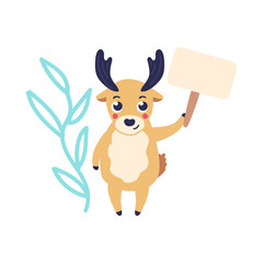 vector cute christmas reindeer holding blank placard with abstract florals background. Funny winter character having fun. Merry christmas, xmas holiday design illustration