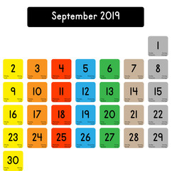 Detailed daily calendar of the month of September 2019