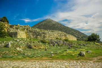 world heritage site on Peloponnese area in Greece with lonely mountain nature landscape and...