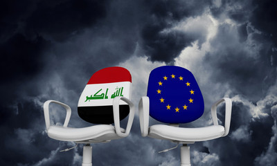 Iraq and Europe business chairs. Internationl relationship concept. 3D Rendering