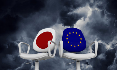 Japan and Europe business chairs. Internationl relationship concept. 3D Rendering