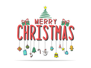 Merry Christmas text with cute cartoon for decorating your card or your design. Doodle drawn by hand on tablet. Vector illustration.