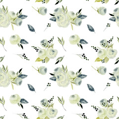Watercolor white roses bouquets seamles pattern, hand painted on a white background