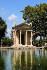 villa borghese, rome, italy,  Temple of Aesculapius, ionic style, architecture, monument, water, park, garden, statue, lake, sculpture, landscape, tree,  landmark, pond,  