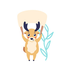 vector cute christmas reindeer holding blank paper above head with abstract florals background. Funny winter character having fun. Merry christmas, xmas holiday design illustration