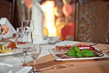 delicious dishes on the table in the restaurant. serving table.