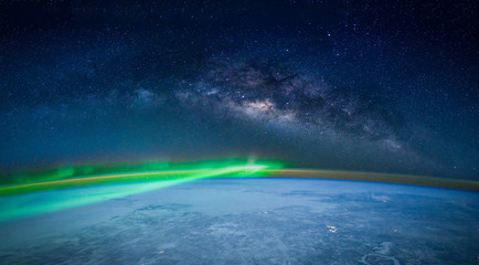 Landscape with Milky way galaxy. Earth and Aurora view from space with Milky way galaxy. (Elements of this image furnished by NASA)