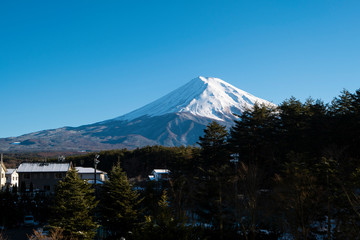 Mt. Fuji view during winter from Lake Kawaguchiko in Japan is very famous travel landmark.
