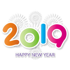2019 Happy New Year greeting card with white fireworks background