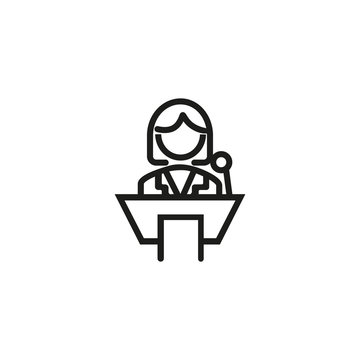 Woman making speech line icon. Woman, tribune, microphone. Gender concept. Vector illustration can be used for topics like communication, gender identification, sociality