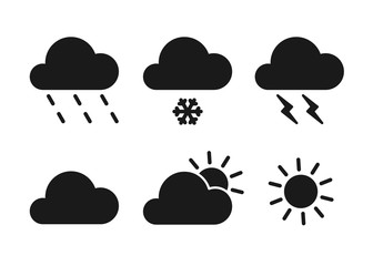Set of black isolated icons of weather on white background. Silhouette of meteorological symbols . Flat design. Sun, snow, rain, thunderstorm, cloud.