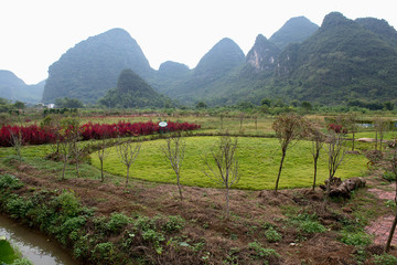 Fototapeta na wymiar Karst mountains and limestone peaks of Yulong River, Yangshuo, Guilin, China