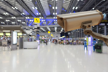 CCTV security camera secure to protect in international airport. Background with copy space.
