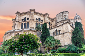 Obraz premium The Cathedral of Malaga at sunset, Spain, was finished in 1782. It is one of the biggest cathedrals in the country and is located at the core of the city