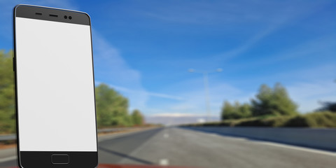 Blank screen smartphone, billboard, on blur asphalt road background, space for text. 3d illustration