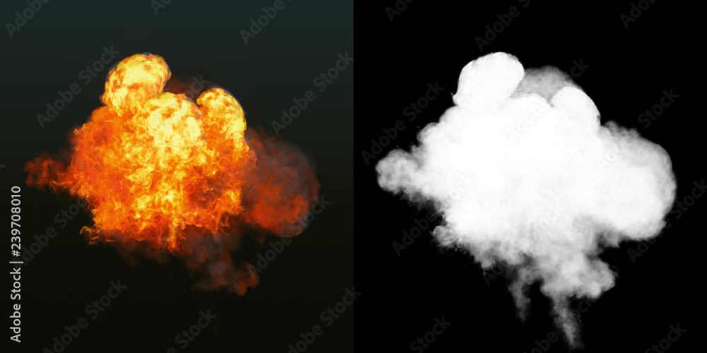 Poster large explosion with black smoke in dark plus alpha channel. 3d rendering