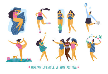 Happy body positive girls with healthy lifestyle in different pose: sleep, sport, love, work, yoga, party and health care. Attractive plus size women. Vector illustration