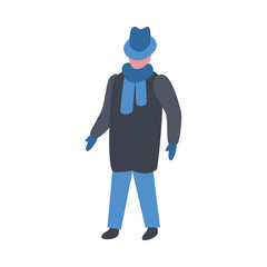 Vector illustration of man in winter clothes in flat style isolated on white background. Male character walking in warm coat and hat with scarf and mittens for seasonal design.