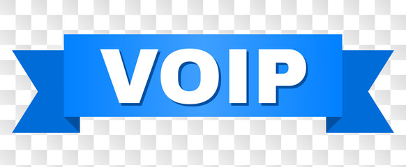 VOIP text on a ribbon. Designed with white caption and blue tape. Vector banner with VOIP tag on a transparent background.