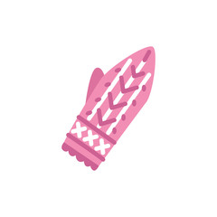 Cute red knitted mittens with abstract christmas print icon. Cold weather, winter outdoor leisure activity cloth with traditional ornament. Vector isolated illustration.