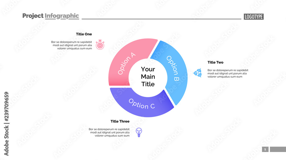 Poster pie chart with three elements. diagram, option graph, layout. business data. creative concept for in