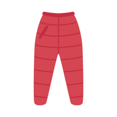 Vector warm trousers, pants red flat icon. Cold weather season autumn, winter outdoor clothing for active leisure, outdoor sport activities. Male, female garment, apparel.