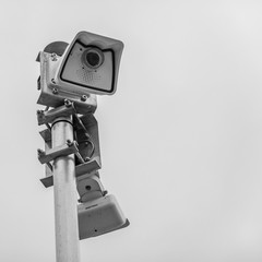 Video camera for surveillance of passers-by and visitors and for guarding property, black and white.