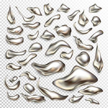 Molted precious metal drops, liquid silver blots, mercury swirls 3d realistic vector set isolated on transparent background. Metallic fluid splatters, abstract form drips design elements collection
