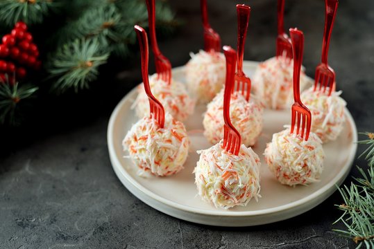 Cheese Balls In Crab Shavings Is A Traditional Russian Snack For Christmas And New Year's Party.